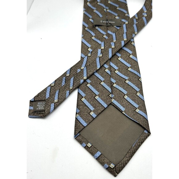 Calvin Klein 100% Silk Tie Stripes in Gold, Blue and Tan - Picture 8 of 9